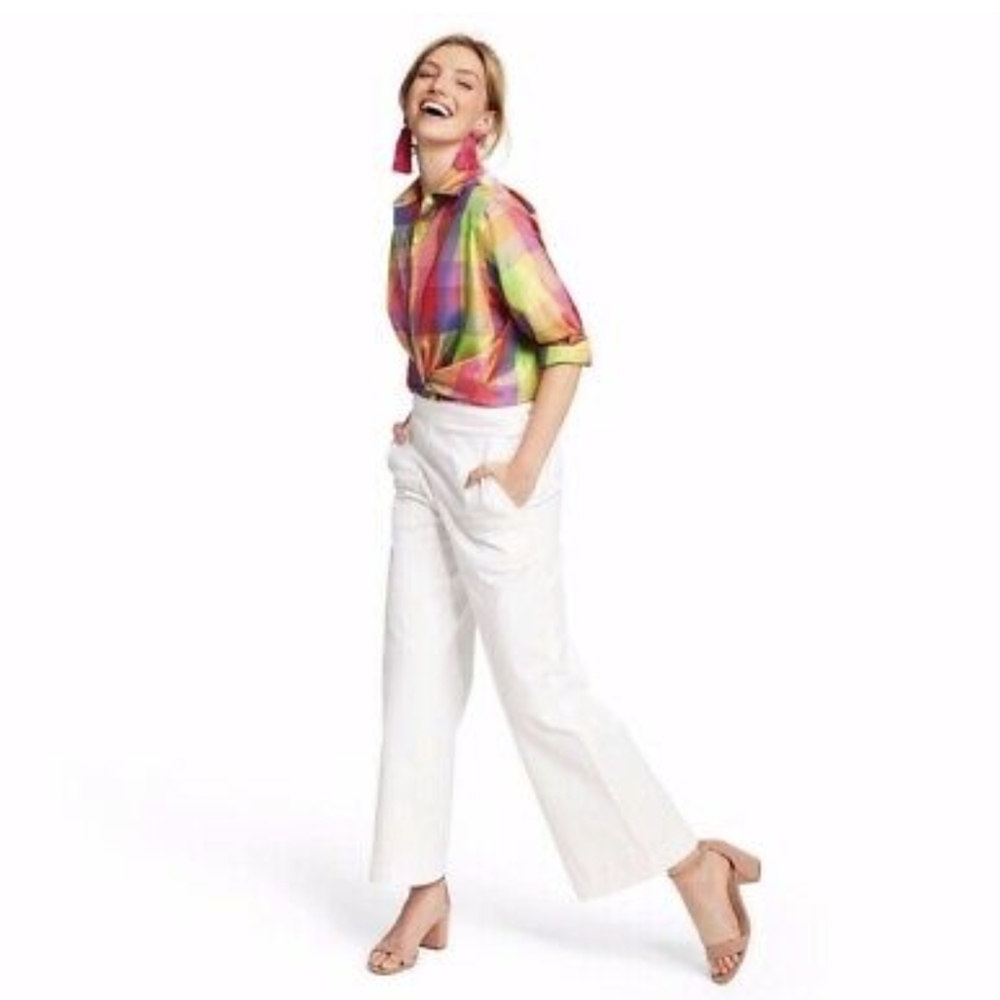 Isaac Mizrahi | Silk Blouse Rainbow Plaid Button Down Women’s Top (For Target) - Picture 2 of 8